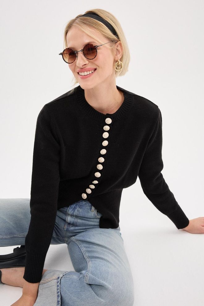 Mina Fashion Women's Black Gold Button Detailed Knitwear Cardigan Wholesale Clothing Casual