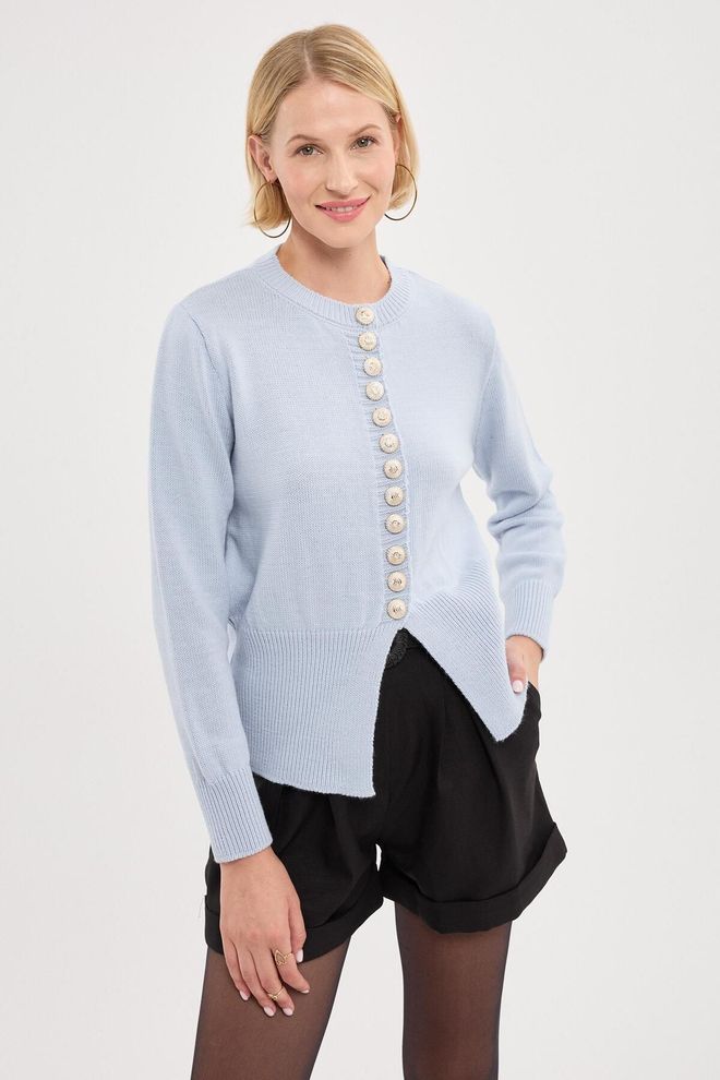 Mina Fashion Women's Baby Blue Gold Button Detailed Knitwear Cardigan Wholesale Clothing Casual