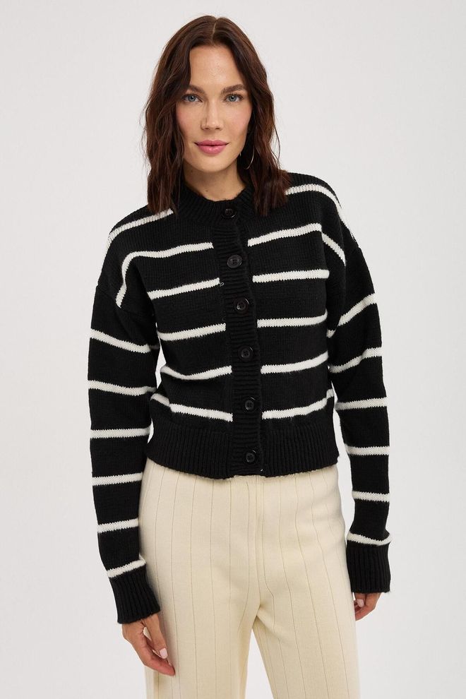 Mina Fashion Women's Black Striped Buttoned Soft Knitted Cardigan Wholesale Clothing Casual