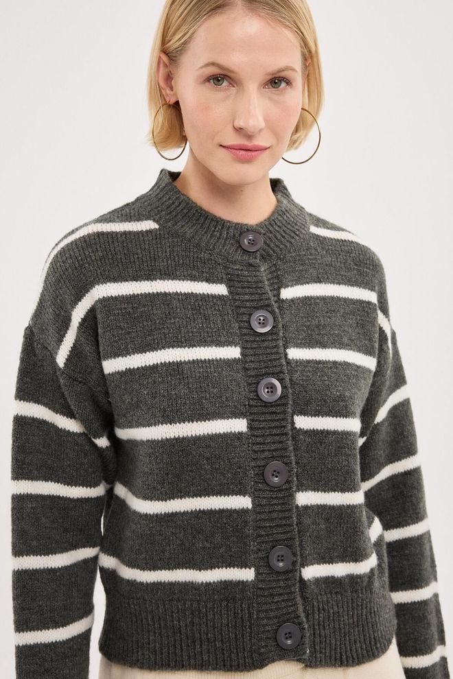 Mina Fashion Women's Anthracite Striped Buttoned Soft Knitted Cardigan Wholesale Clothing Casual