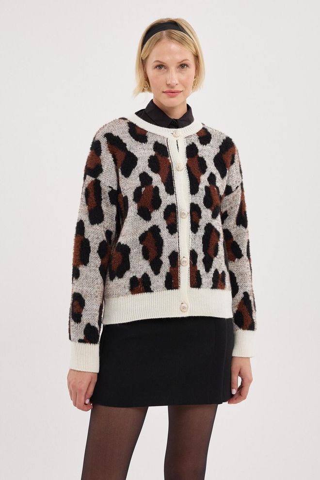 Mina Fashion Women's Ecru Leopard Patterned Soft Knitted Cardigan Wholesale Clothing Casual