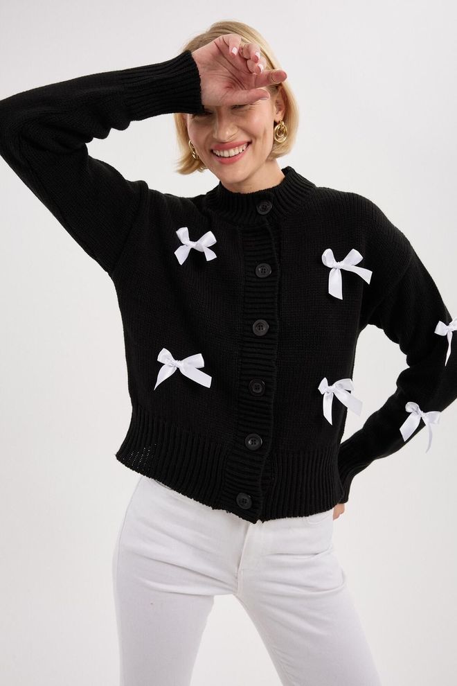 Mina Fashion Women's White Bow Detailed Knitwear Cardigan Wholesale Clothing Casual