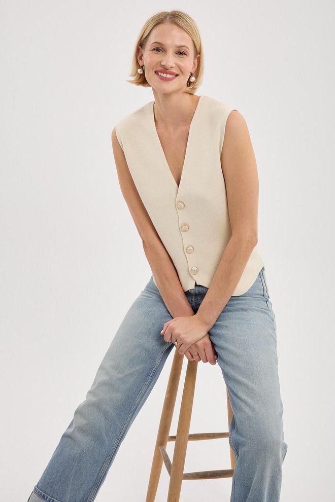 Mina Fashion Chaleco De Punto Con Detalle De Botones Color Crema Y Dorado Para Mujer Ropa al por mayor Formal