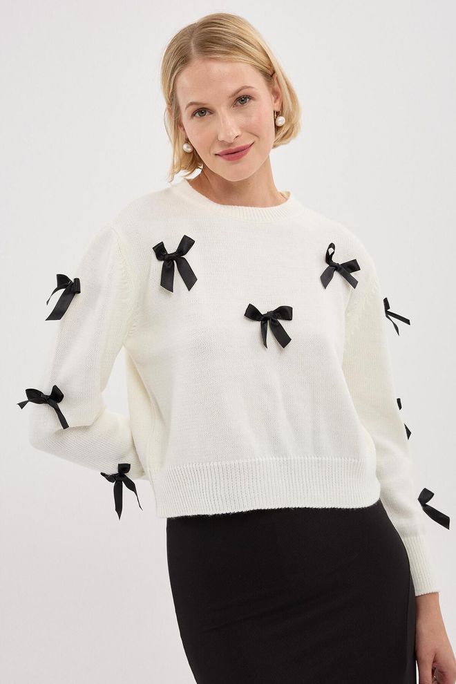 Mina Fashion Women's Ecru Bow Detail Knitwear Sweater Wholesale Clothing Preppy