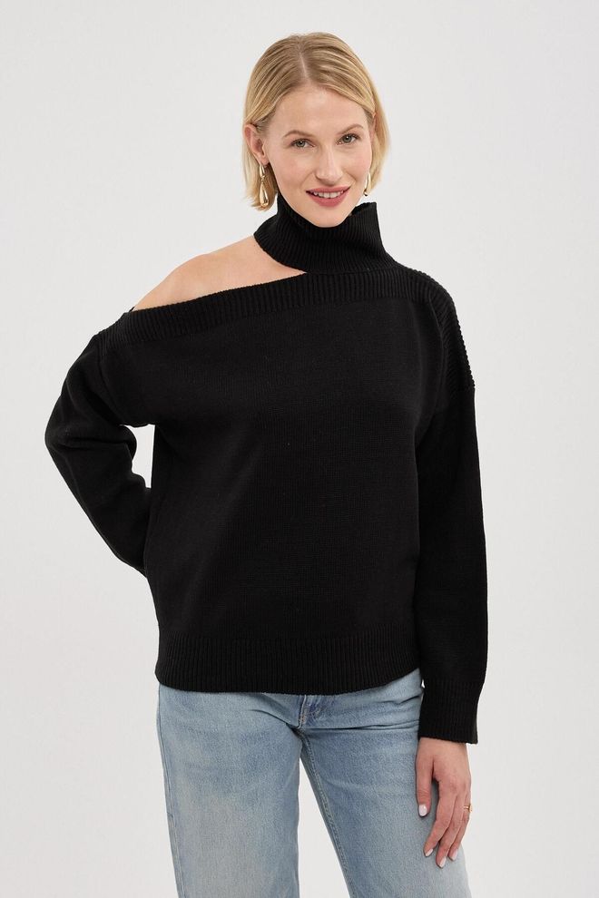 Mina Fashion Women's Black Off the Shoulder Half Turtleneck Knitwear Sweater Wholesale Clothing Elegant