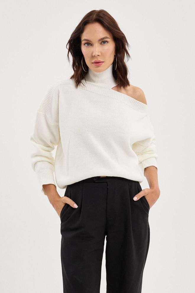 Mina Fashion Women's Ecru Off the Shoulder Half Turtleneck Knitwear Sweater Wholesale Clothing Elegant