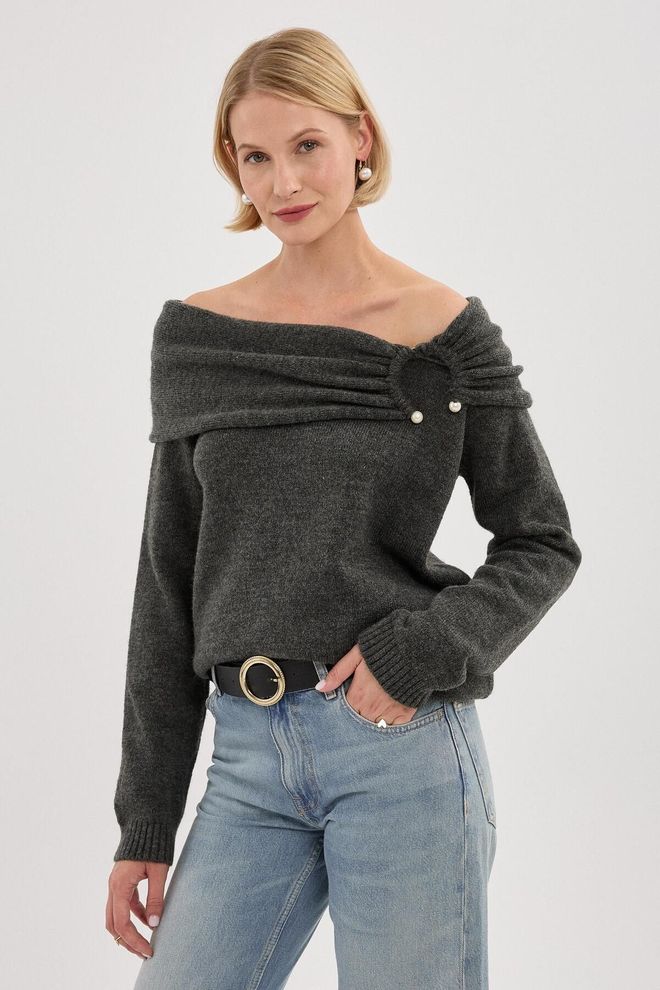 Mina Fashion Women's Anthracite Off the Shoulder Pearl Detailed Soft Knitwear Sweater Wholesale Clothing Casual