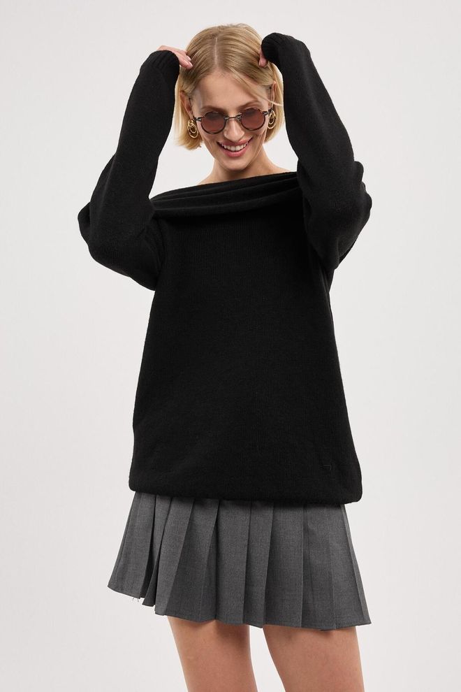 Mina Fashion Women's Black Off the Shoulder Pearl Detailed Soft Knitwear Sweater Wholesale Clothing Casual