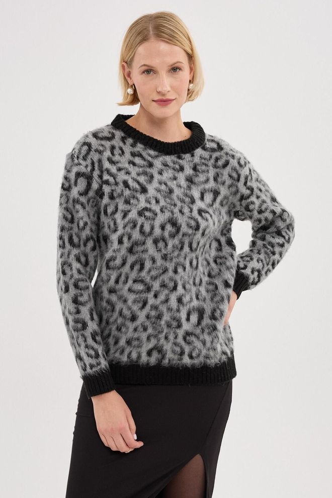 Mina Fashion Women's Gray Leopard Patterned Bearded Soft Knitwear Sweater Wholesale Clothing Casual