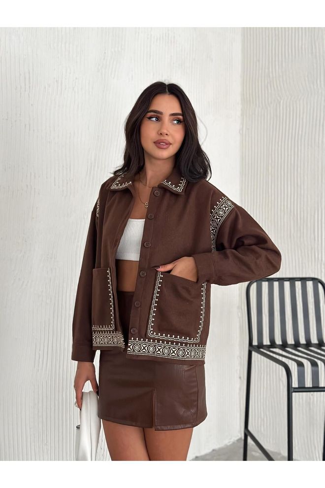 Mina Fashion Giacca Da Donna Fantasia Marrone Con Dettaglio Tasca Grande Abbigliamento all'ingrosso Casuale