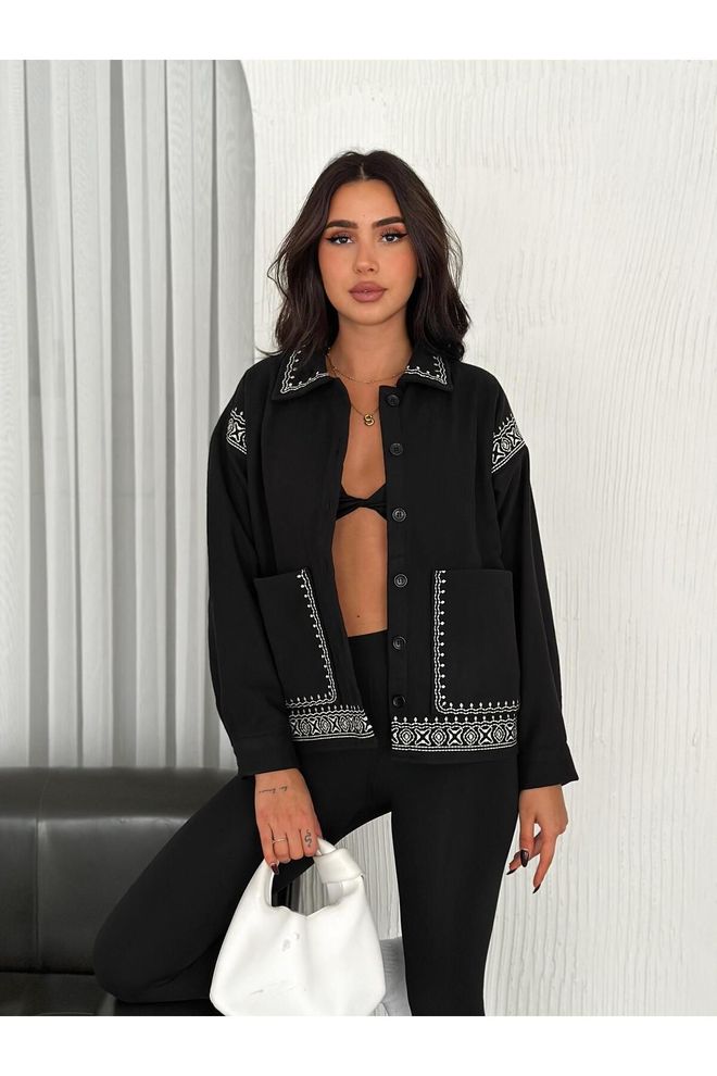 Mina Fashion Giacca Da Donna Nera Fantasia Con Dettaglio Tasca Grande Abbigliamento all'ingrosso Casuale