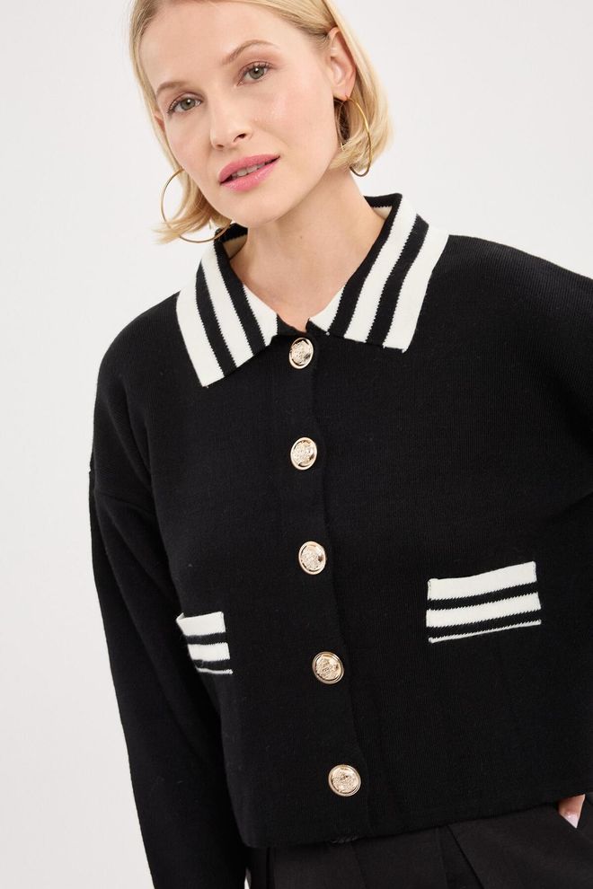 Mina Fashion Women's Black Collar And Pocket Detailed Knitwear Cardigan Wholesale Clothing Casual
