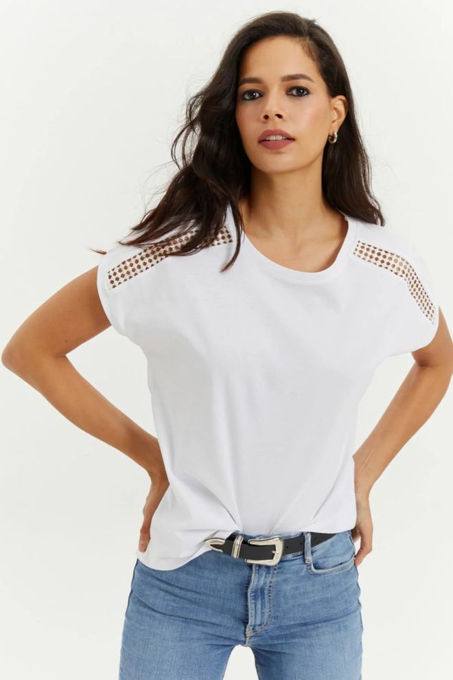 Mina Fashion T shirt Antiscivolo In Pizzo A Spalla Bianca Da Donna Abbigliamento all'ingrosso Casuale