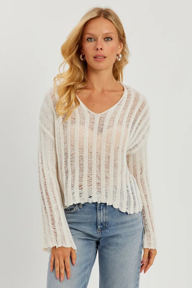 Mina Fashion Blouse En Tricot Ajouré À Col En V Pour Femmes Vêtements en gros Décontracté