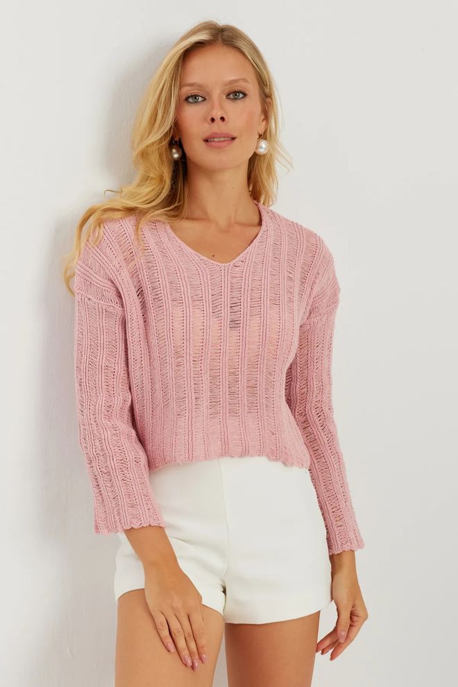 Mina Fashion Blouse En Tricot Ajouré À Col En V Pour Femmes Vêtements en gros Décontracté