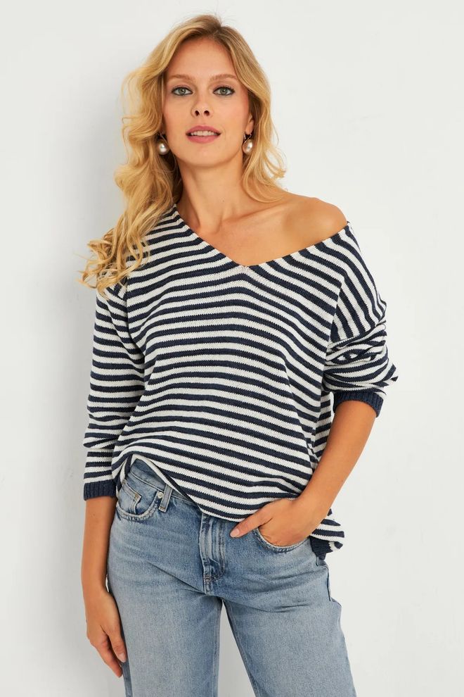 Mina Fashion Camicetta In Maglia Con Scollo A V Blu Scuro Ecrù Da Donna Abbigliamento all'ingrosso Casuale