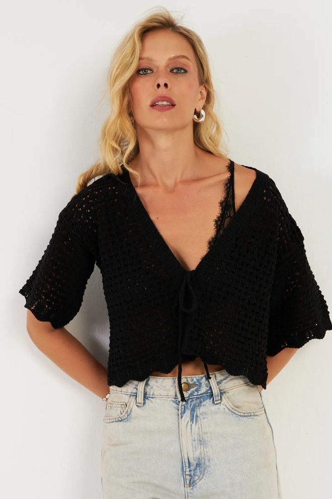 Mina Fashion Cardigan Traforato In Maglia Nera Da Donna Abbigliamento all'ingrosso Casuale