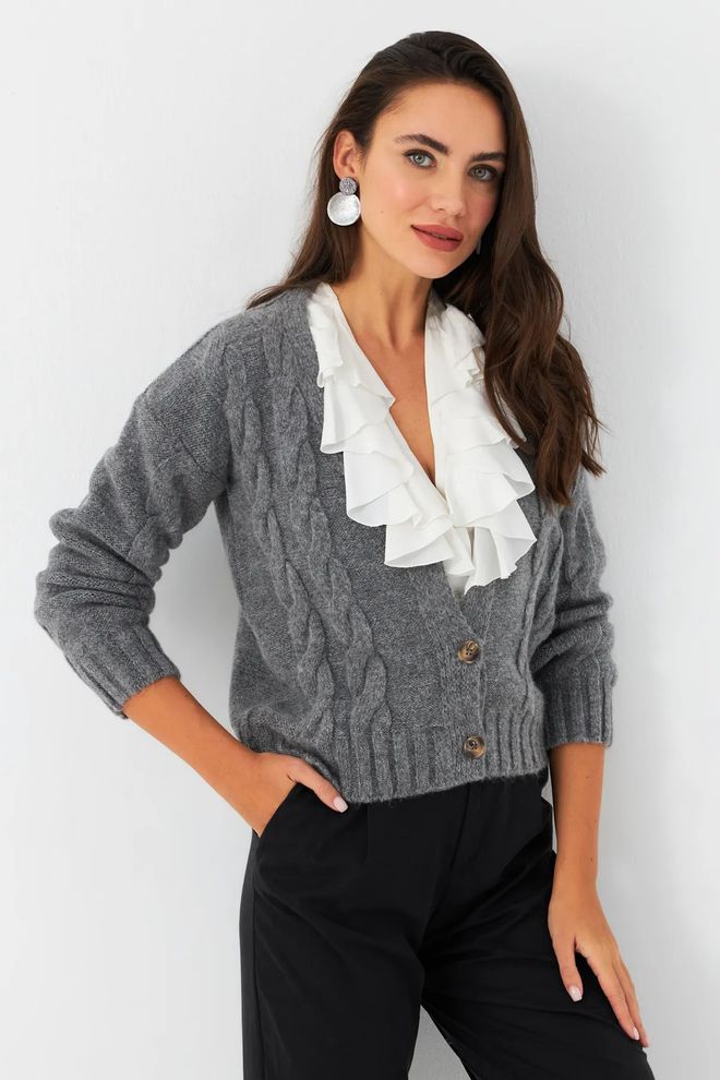 Mina Fashion Women's Anthracite Hair Braided Cardigan Wholesale Clothing Casual