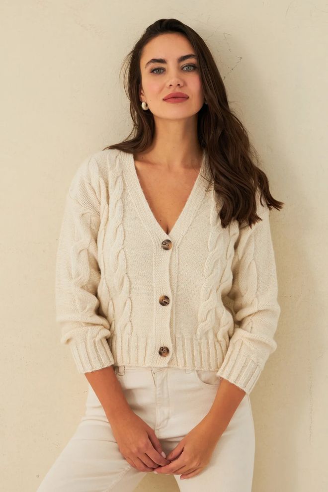 Mina Fashion Women's Ecru Hair Braided Cardigan Wholesale Clothing Casual
