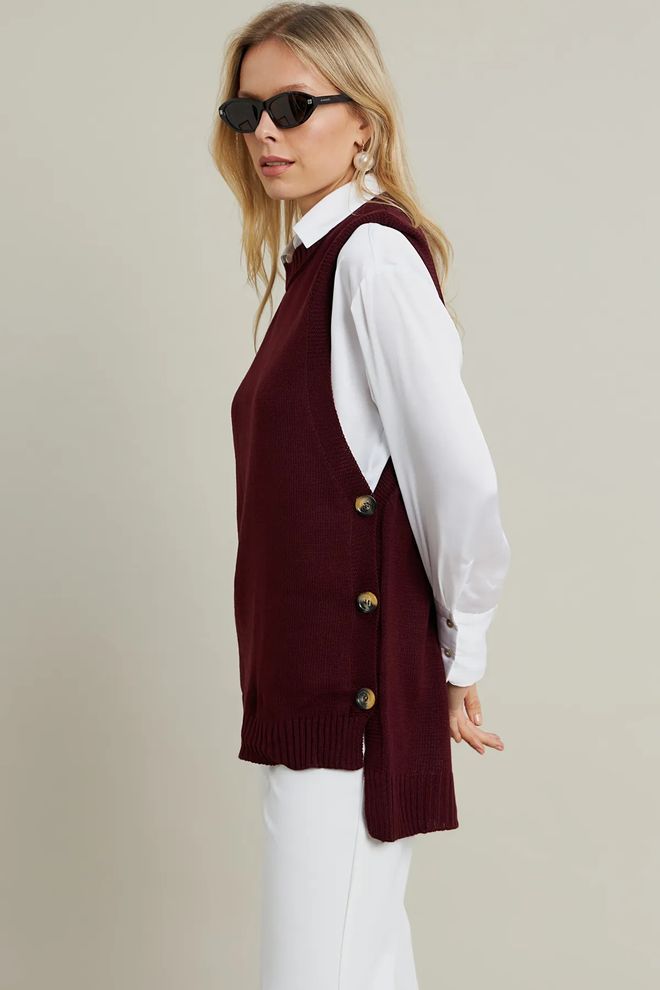 Mina Fashion Ärmellose Stricktunika Für Damen Mit Seitlichen Knöpfen In Kaki Form Großhandelskleidung Lässig