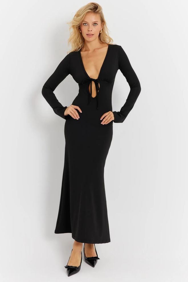 Mina Fashion Abito Midi Nero Da Donna Con Finestra Frontale Abbigliamento all'ingrosso Sexy