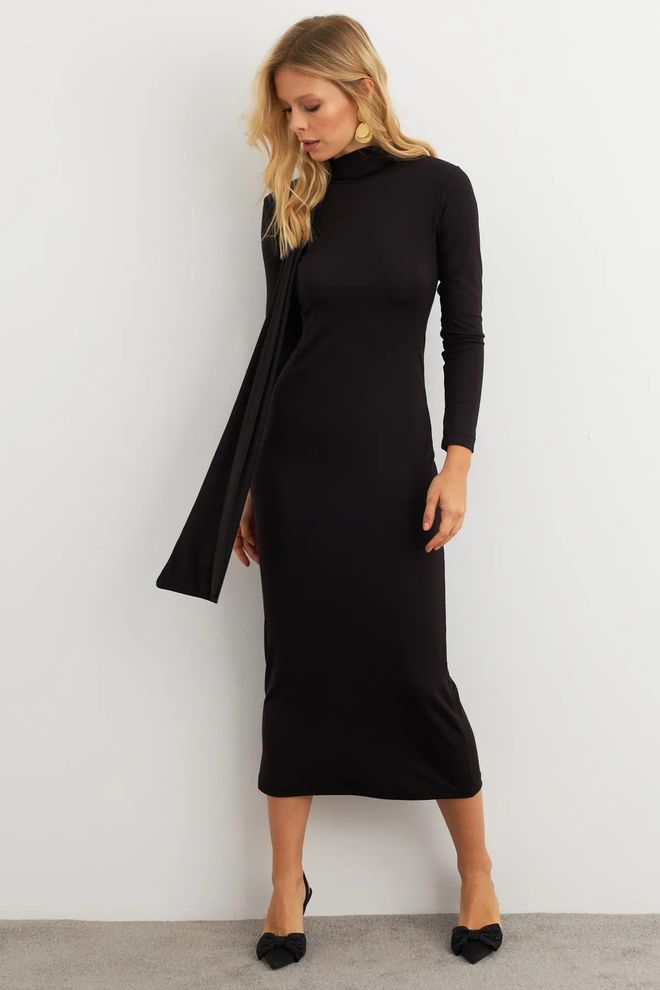 Mina Fashion Abito Midi Da Donna Nero Con Dettagli A Scialle Abbigliamento all'ingrosso Elegante