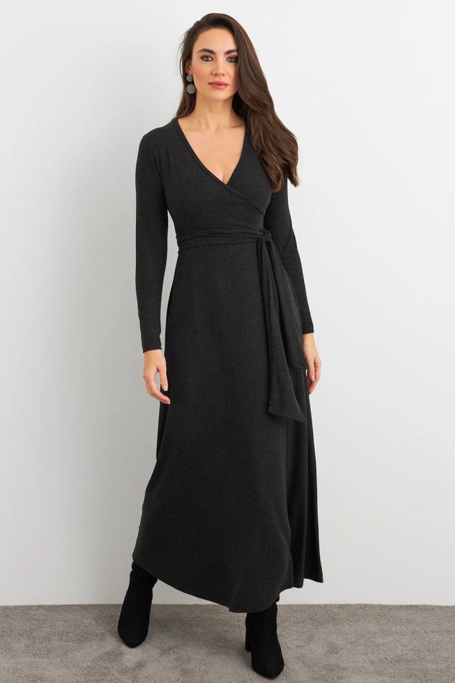 Mina Fashion Abito Midi Con Cravatta Doppiopetto Da Donna Antracite Abbigliamento all'ingrosso Casuale