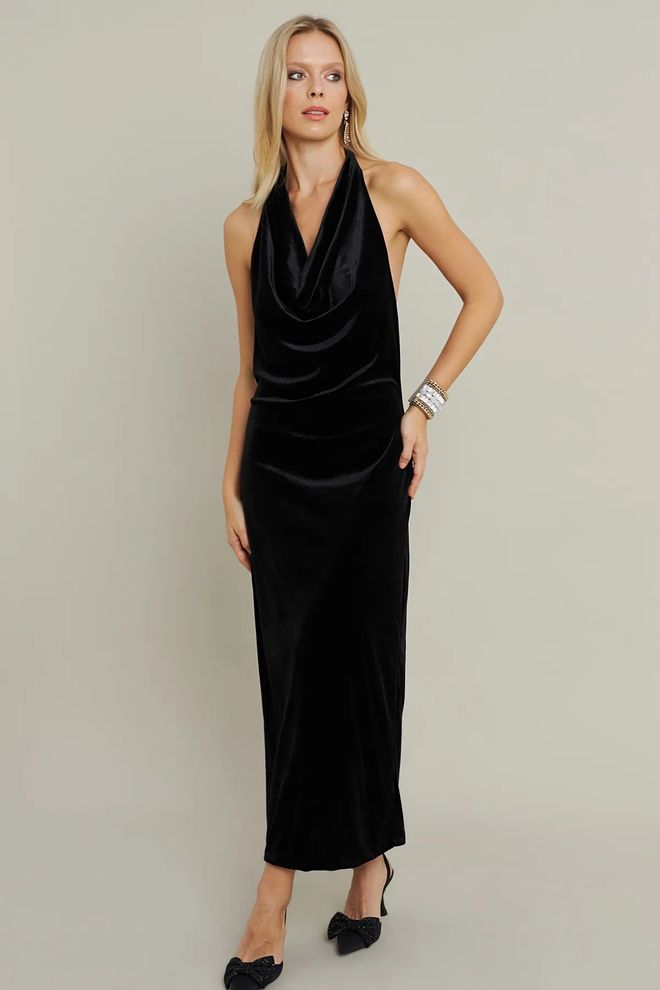 Mina Fashion Abito Lungo Da Donna Nero Con Scollo A Coulisse Natalizio Abbigliamento all'ingrosso Elegante