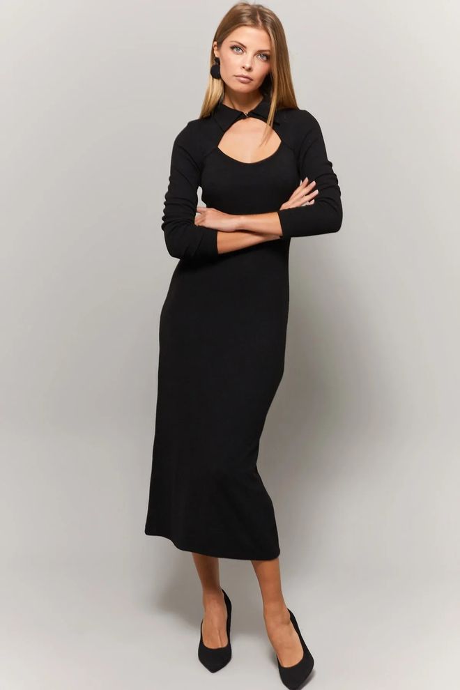 Mina Fashion Abito Da Finestra Nero Con Colletto A Camicia Abbigliamento all'ingrosso Elegante