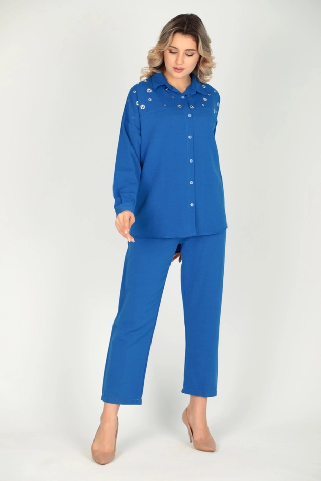 A model wears 44701 - Suit - Blue, wholesale Suit of Miena to display at Lonca