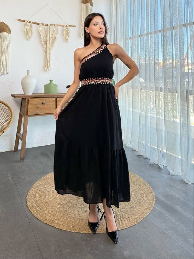 Mistix Vestido Maxi Preto Elegante Em Linha A Com Decote De Um Ombro Roupas por atacado Sensual