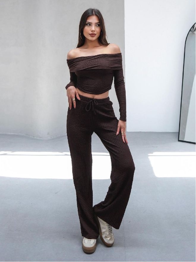 Mistix Conjunto Marrón Casual Sexy Con Pantalones Palazzo Ropa al por mayor Casual