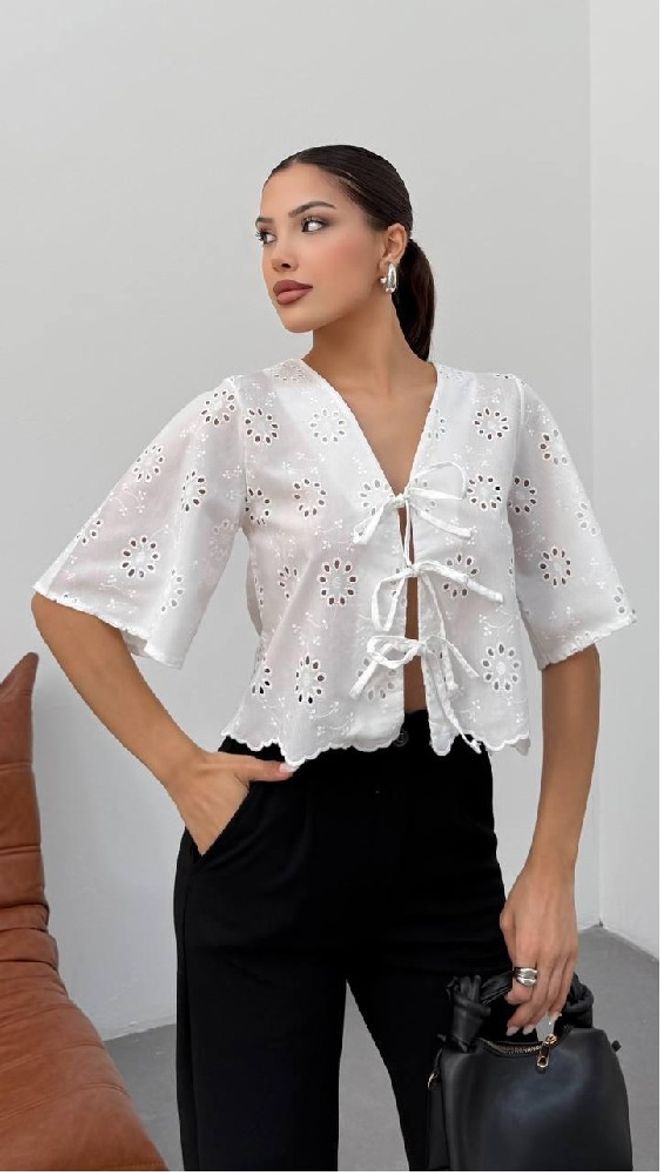Mistix Cardigan Alb Floral Cu Legătură Și Mâneci 3/4 Îmbrăcăminte cu ridicata Casual