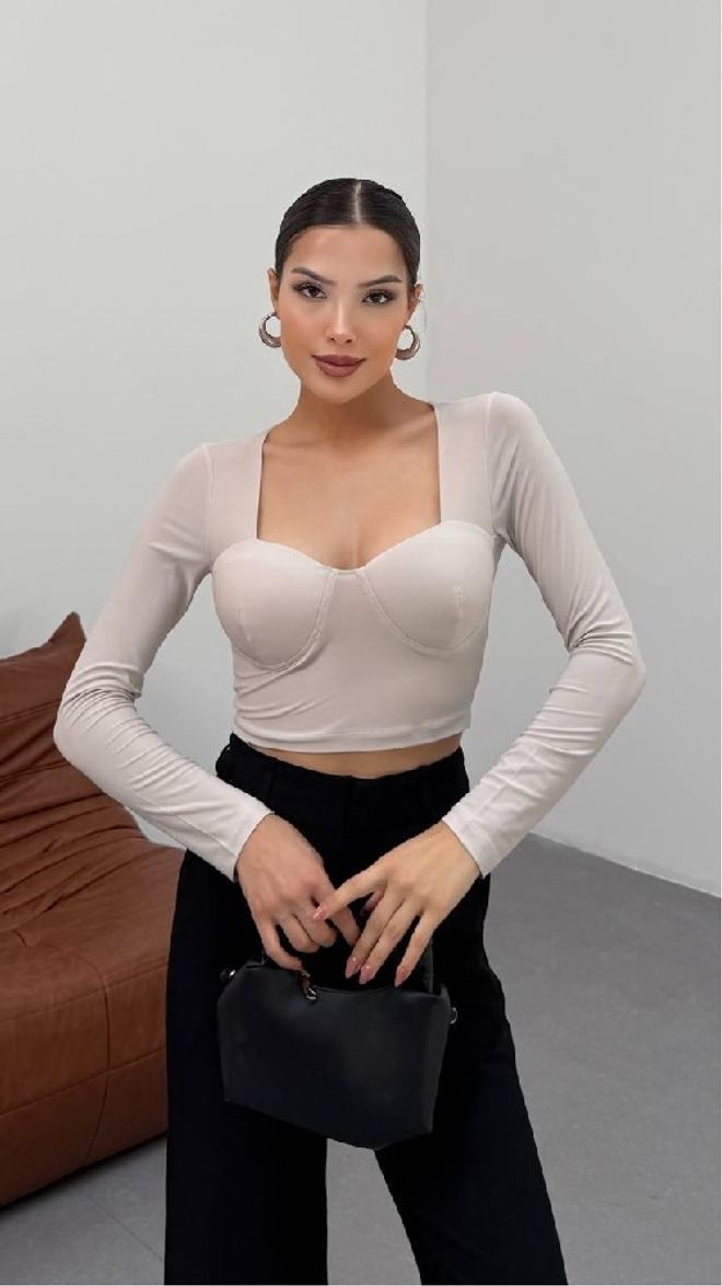 Mistix Beige Slim Fit Crop Blouse With Square Neck Wholesale Clothing Casual