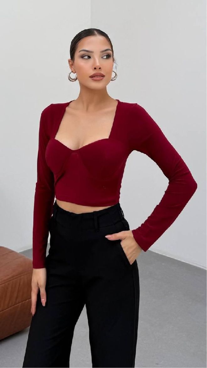 Mistix Claret Red Slim Fit Sexy Blouse With Square Neck Wholesale Clothing Casual