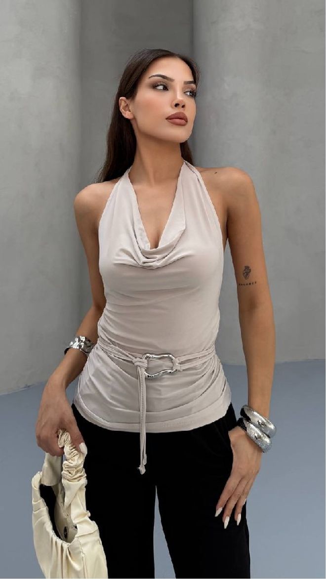 Mistix Beige Cowl Neck Slim Fit Sleeveless Blouse Wholesale Clothing Casual