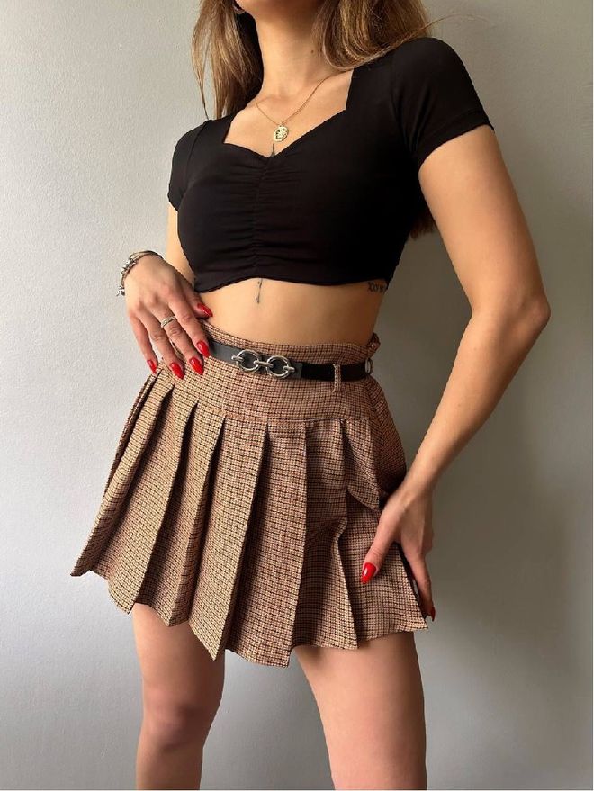 Mistix Saia Plissada Mini Bege Cintura Alta Casual Preppy Roupas por atacado Casual