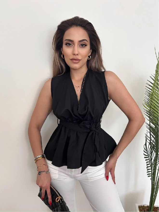 Mistix Camisa Preta Justa Sem Mangas Com Decote Cowl E Gravata Roupas por atacado Casual