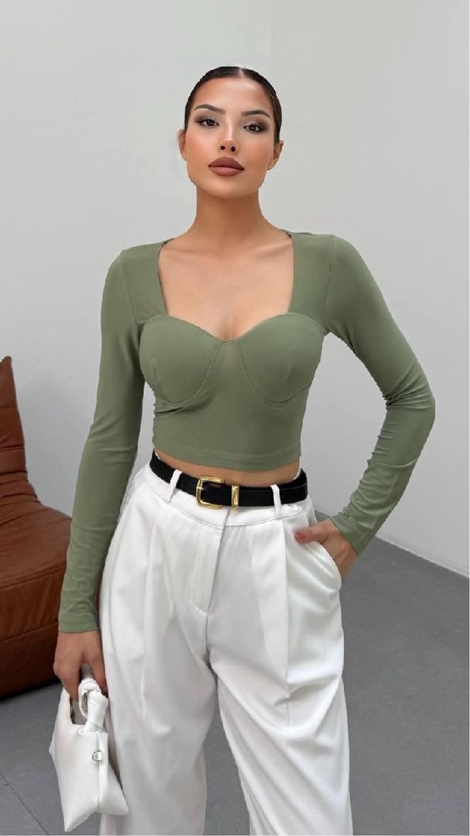 Mistix Green Slim Fit Crop Blouse With Square Neck Wholesale Clothing Casual