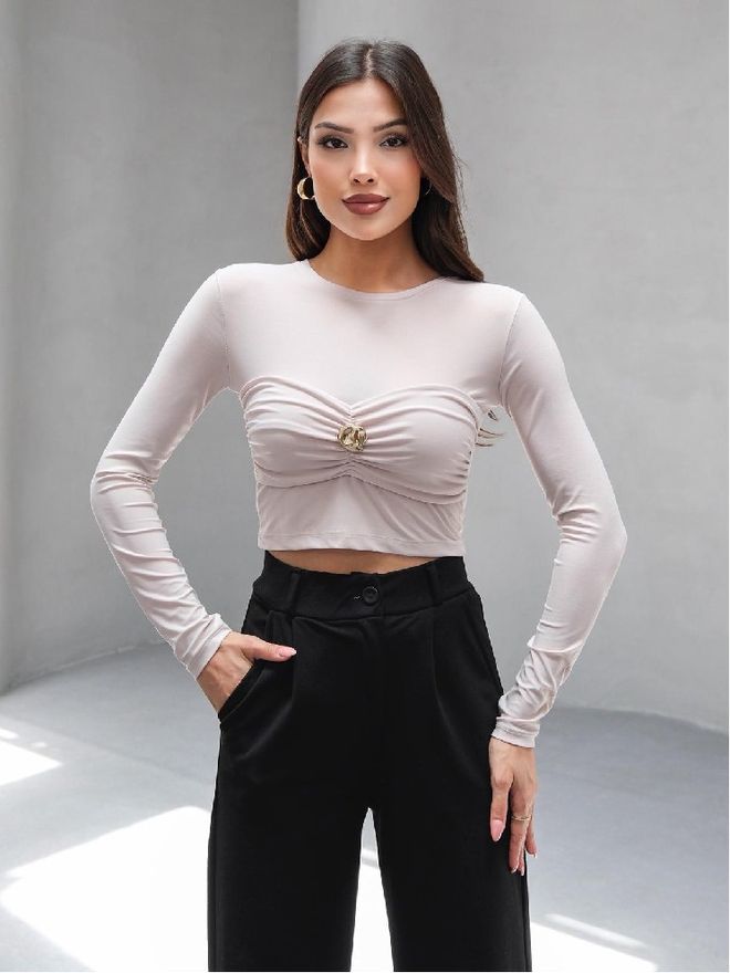 Mistix Bej Dar Kalıp Crop Bluz Uzun Kollu Toptan Giyim Gündelik