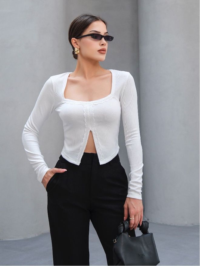 Mistix White Slim Fit Square Neck Blouse Wholesale Clothing Casual