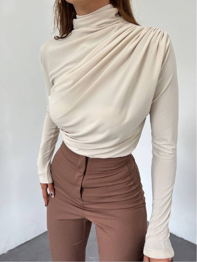 Mistix Beige Elegant Fitted Blouse With High Neck Wholesale Clothing Modest
