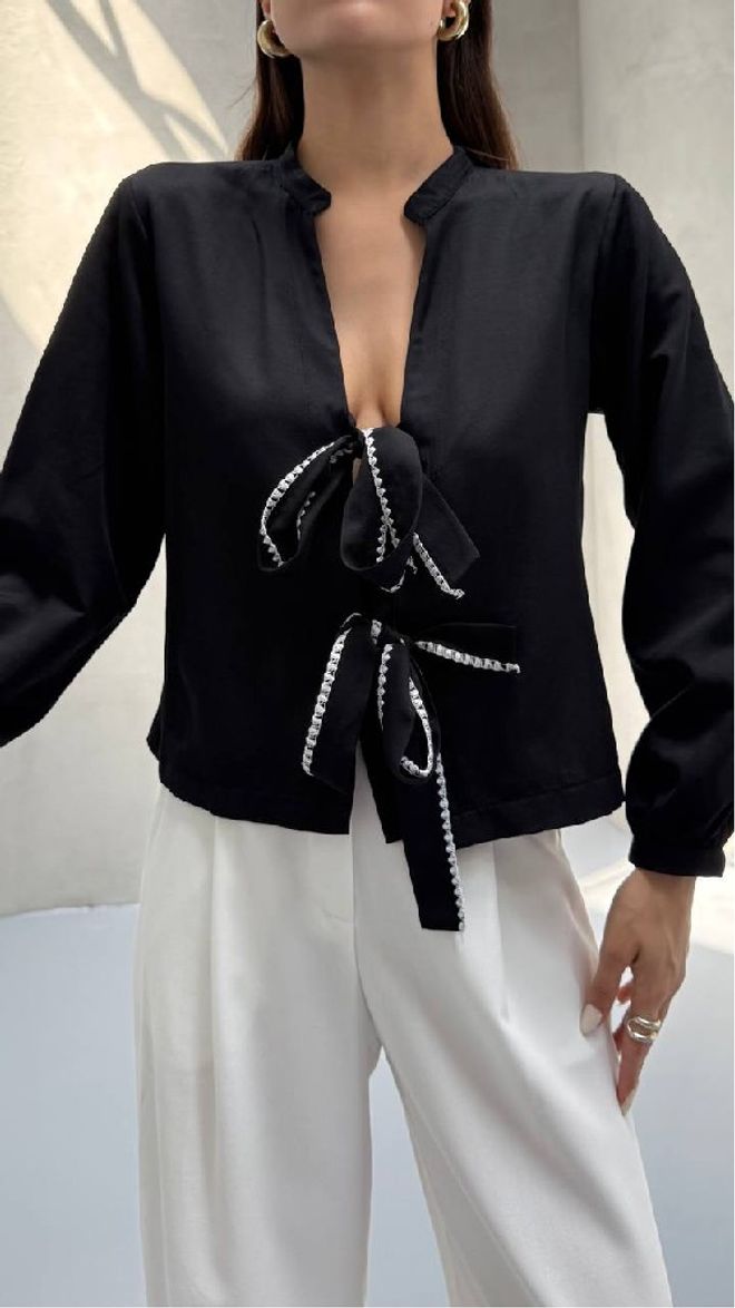 Mistix Camisa Preta Elegante Casual Sexy Com Fecho De Gravata Roupas por atacado Casual