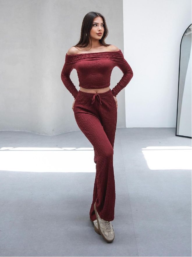 Mistix Set Pantaloni Palazzo Croială Cambrată Roșu Bordo Îmbrăcăminte cu ridicata Casual