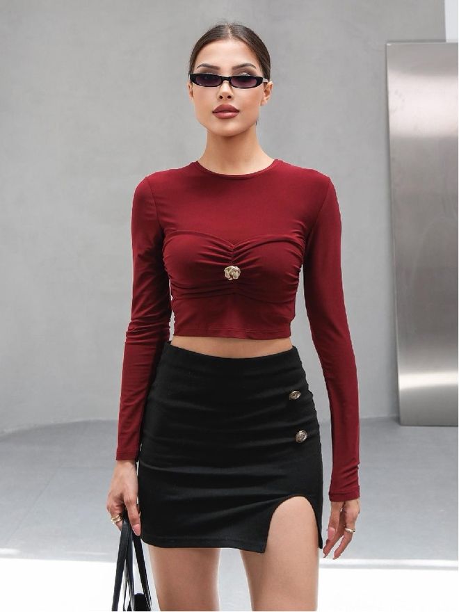 Mistix Claret Red Blouse Sexy Casual Elegant Glam Slim Fit Wholesale Clothing Casual