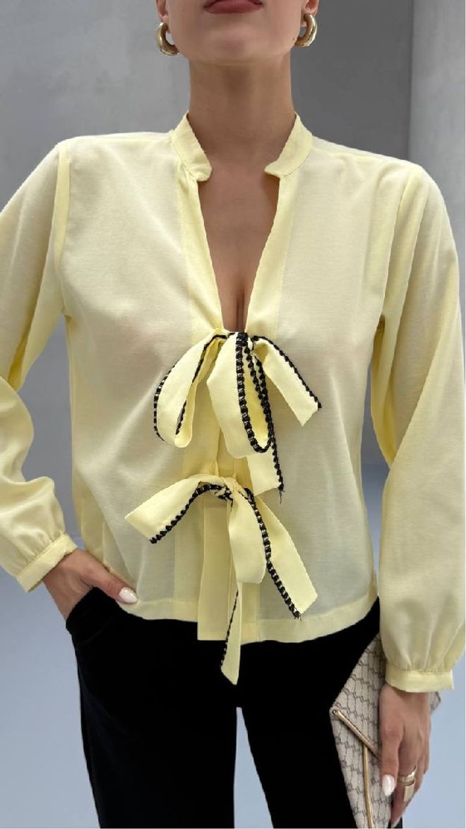 Mistix Camisa Amarela Elegante Com Gravata E Decote Entalhado Roupas por atacado Casual