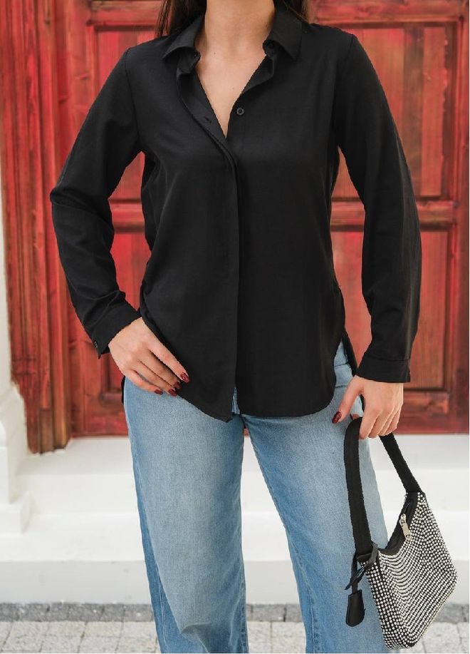 Mistix Camisa Preta Com Decote Entalhado E Fecho Com Botões Roupas por atacado Casual