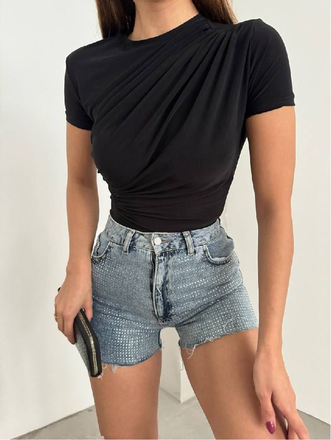 Mistix Black Slim Fit Stylish Blouse With Short Sleeves Wholesale Clothing Casual