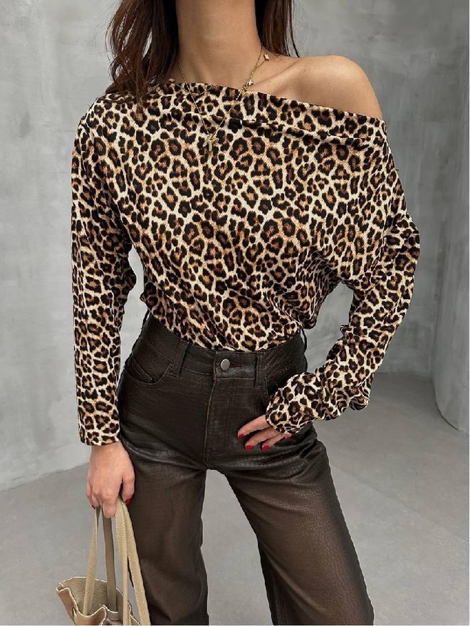 Mistix Brown Leopard Print Off Shoulder Neck Blouse Wholesale Clothing Casual