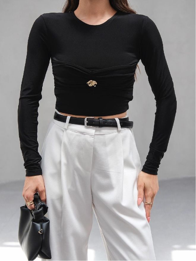 Mistix Black Slim Fit Crop Blouse With Long Straight Sleeves Wholesale Clothing Casual